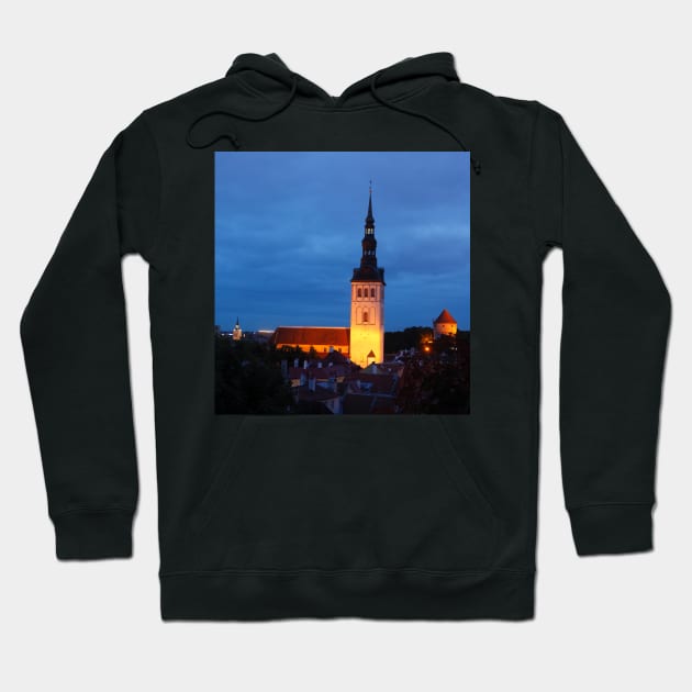 Nicholas Church, Niguliste Kirik, view from Toompea to Lower Town, Old Town at dusk, Tallinn, Estonia, Europe Hoodie by Kruegerfoto